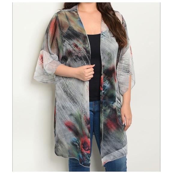 🆕Plus size Versatile gray print Kimono - Picture 2 of 3